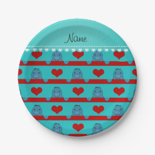 Custom name turquoise manatees red hearts stripes paper plate