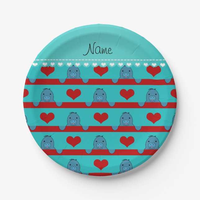 Custom name turquoise manatees red hearts stripes paper plate (Front)