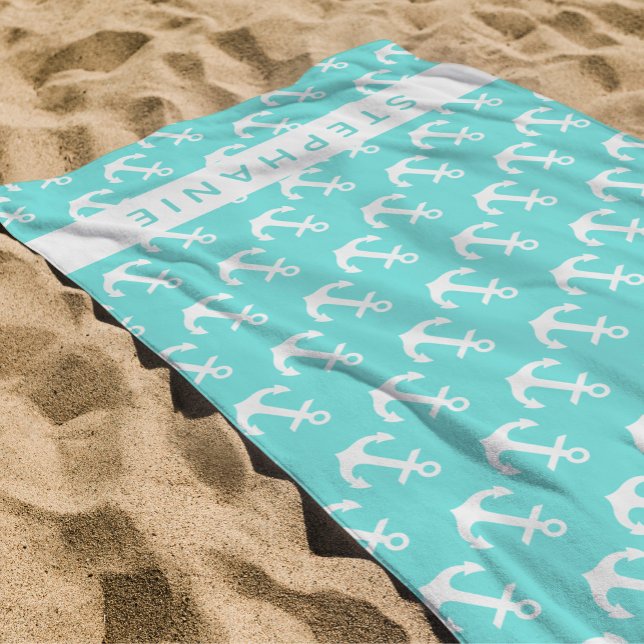 Custom Name Turquoise Nautical White Anchor Beach Towel (Creator Uploaded)