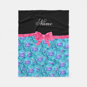 Custom name turquoise roses pink glitter bow fleece blanket