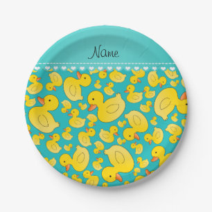 Custom name turquoise rubberducks blue stripe paper plate