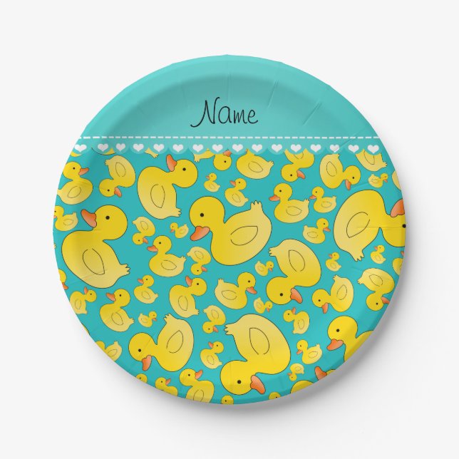 Custom name turquoise rubberducks blue stripe paper plate (Front)