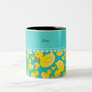 Custom name turquoise rubberducks heart stripe Two-Tone coffee mug