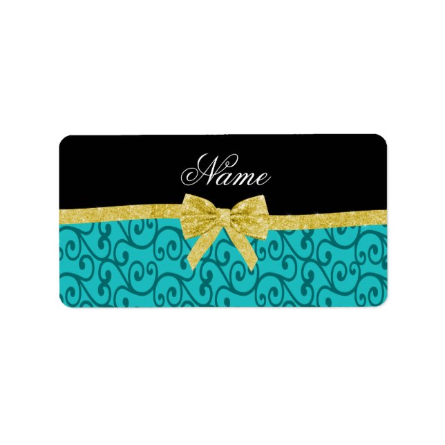Custom name turquoise swirls gold bow label (Front)
