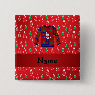 Custom name ugly christmas sweater red snowmen 15 cm square badge