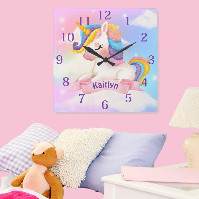 Custom Name Unicorn  Clouds Sparkle Square Wall Clock (Creator Uploaded)