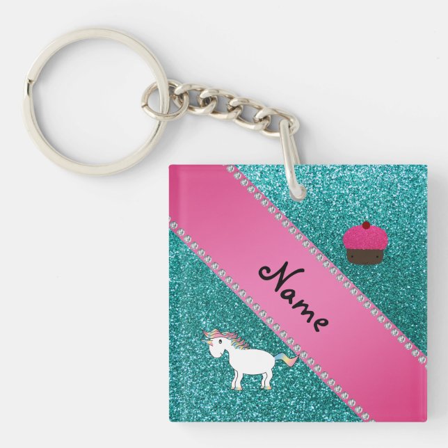 Custom name unicorn cupcake turquoise glitter key ring (Front)