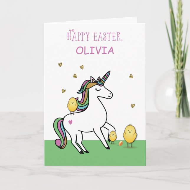 Custom Name Unicorn Easter Wishes with Chicks Card (Front)