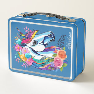 Custom Name Unicorn Lunchbox Floral Metal