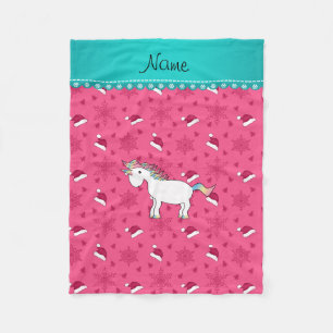 Custom name unicorn pink santa hats snowflakes fleece blanket