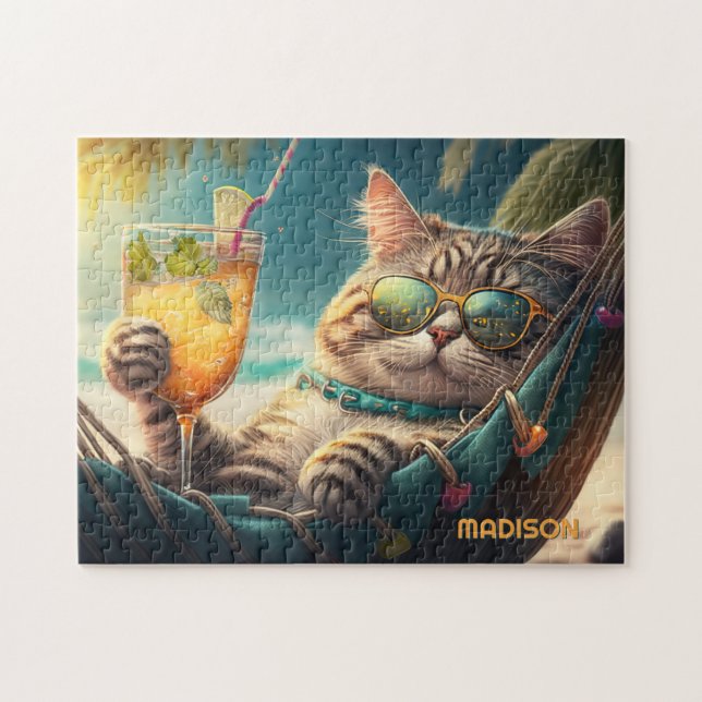 Custom Name Vacation Cat Jigsaw Puzzle (Horizontal)
