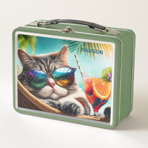Custom Name Vacation Cat Metal Lunch Box