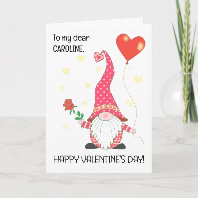 Custom Name Valentine's Cute Gnome and Red Rose Card (Front)