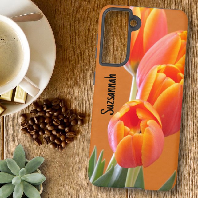 Custom Name Vibrant Orange Tulip Flowers Photo  Samsung Galaxy S21 Case (Creator Uploaded)