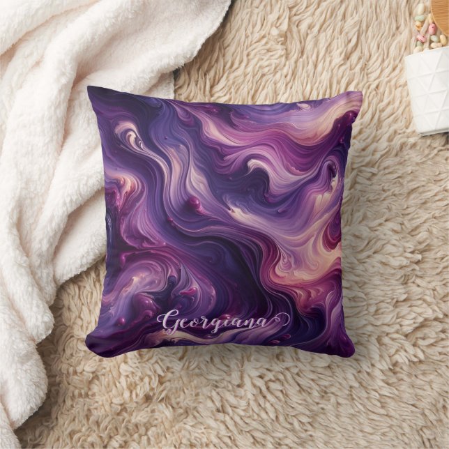 Custom Name Vibrant Purple Poured Paint Effect Cushion (Blanket)