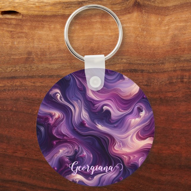 Custom Name Vibrant Purple Poured Paint Effect Key Ring (Front)