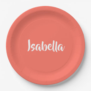 Custom name vibrant vivid coral minimalist paper plate