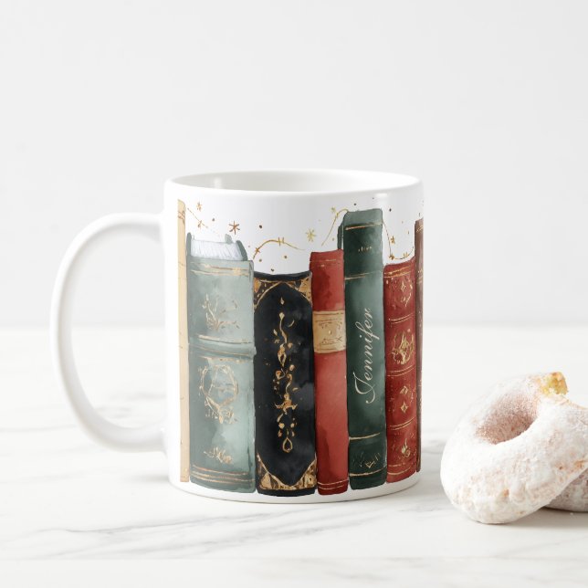Custom Name Vintage Book Lover  Coffee Mug (With Donut)