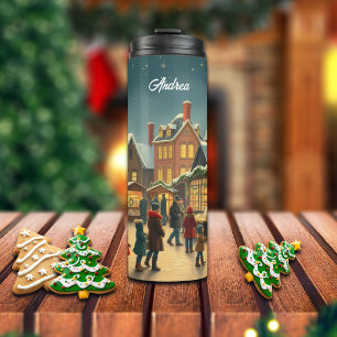 Custom Name Vintage Christmas Illustration Thermal Tumbler