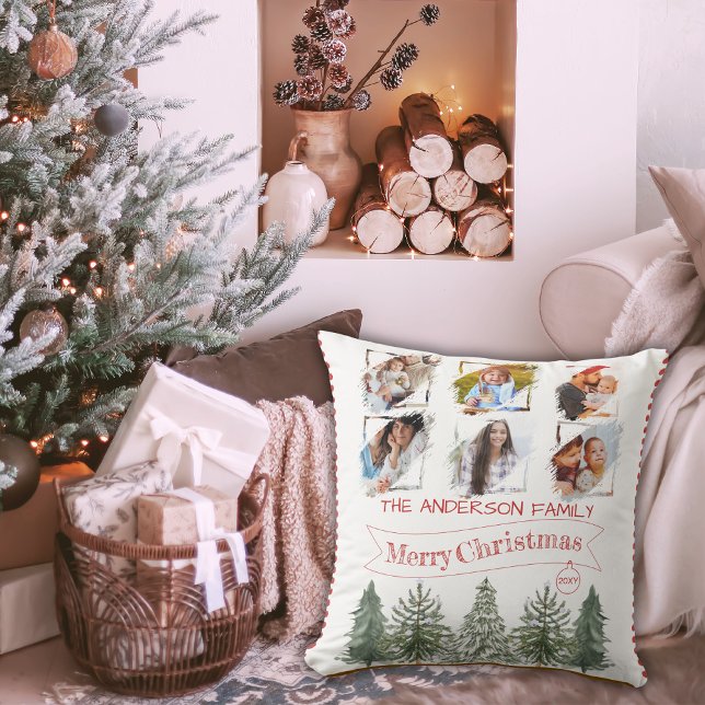 Custom Name Vintage Photo Collage Family Christmas Cushion (Creator Uploaded)