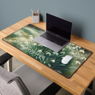 Custom Name Vintage Watercolor Floral Snowdrops Desk Mat