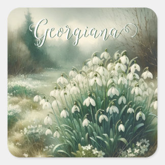 Custom Name Vintage Watercolor Floral Snowdrops Square Sticker