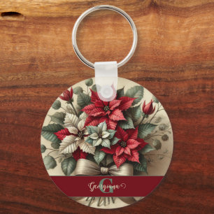 Custom Name Vintage Watercolor Poinsettia Bouquet Key Ring