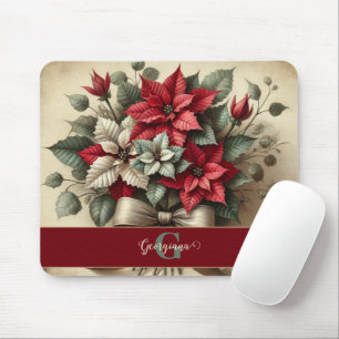 Custom Name Vintage Watercolor Poinsettia Bouquet Mouse Pad
