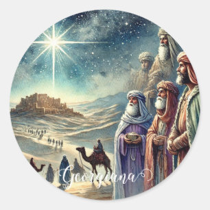 Custom Name Vintage Watercolor Three Wise Men Classic Round Sticker