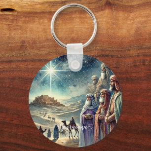 Custom Name Vintage Watercolor Three Wise Men Key Ring