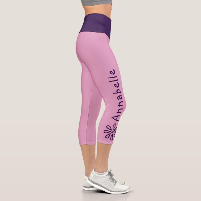 Custom Name - Violet Flower Doodle - Solid Pink Capri Leggings (Right)