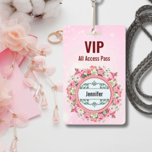Custom Name VIP All Access Pass Floral Badge Pink ID Badge