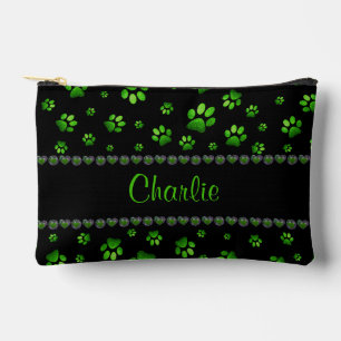 Custom name, vivid green glitter dog paws  accessory pouch
