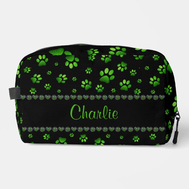 Custom name, vivid green glitter dog paws  dopp kit (Front)