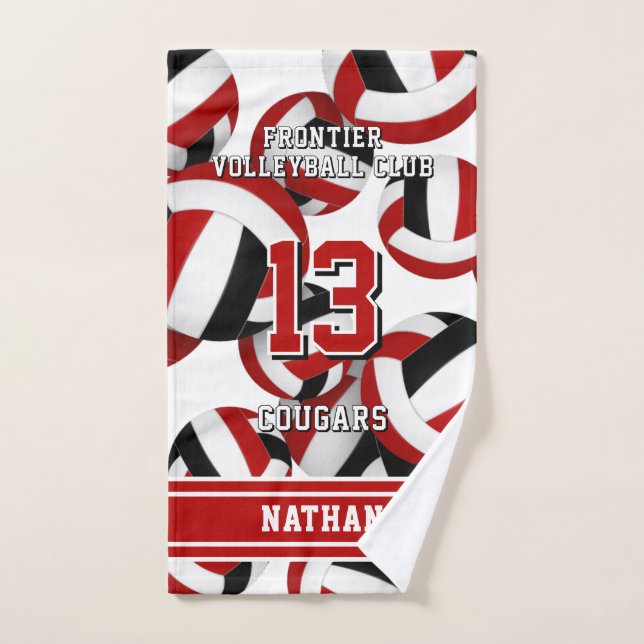 Custom name volleyball red black team colours hand towel (Hand Towel)