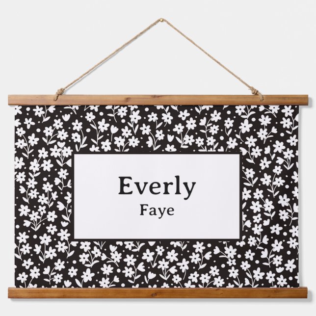 Custom Name Wall Decor Black and White Flowers Hanging Tapestry (Front)