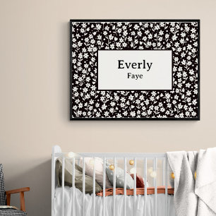 Custom Name Wall Decor Black White Flowers Print