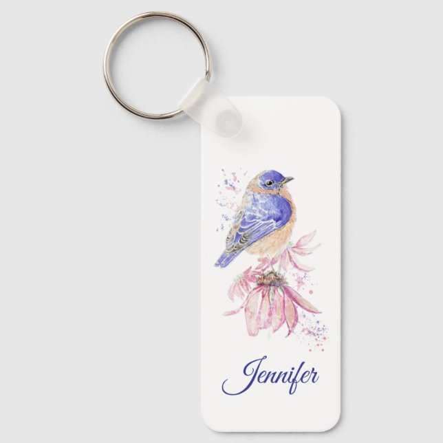 Custom Name Watercolor Bluebird Garden Bird Art Key Ring (Front)