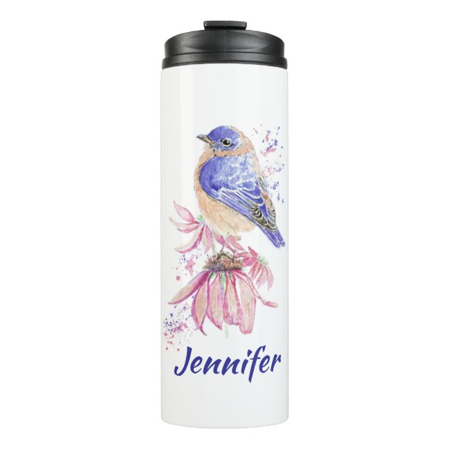Custom Name Watercolor Bluebird Garden Bird Art Thermal Tumbler (Front)