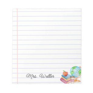 Custom Name Watercolor Books, Apple & Globe Design Notepad
