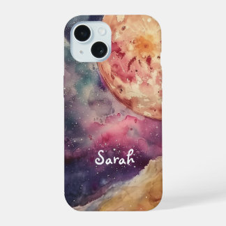 Custom Name Watercolor Cosmic Galaxy & Moon iPhone 15 Case