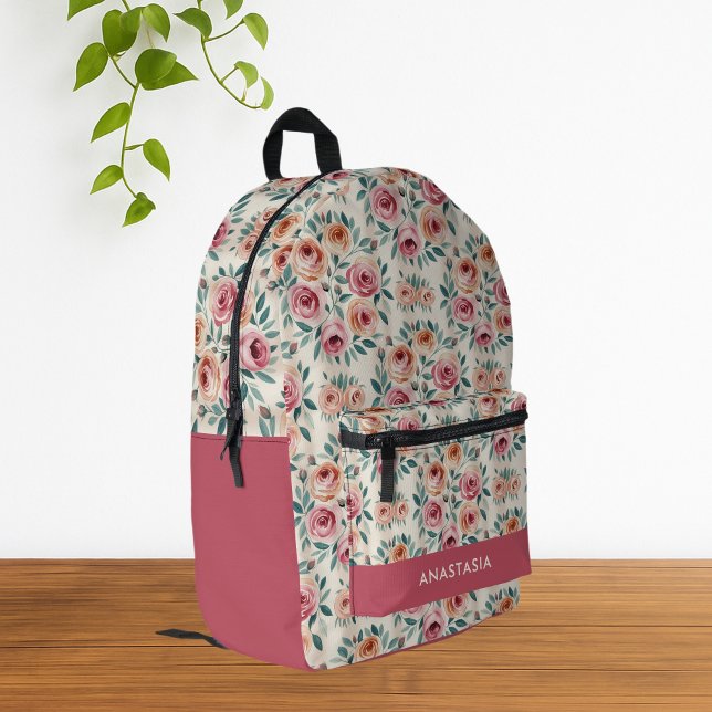 Custom Name Watercolor Elegant Floral  Printed Backpack (Cute Elegant Pink Watercolor Floral Backpack)