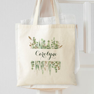 Custom Name Watercolor Eucalyptus Greenery Pretty Tote Bag