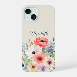 Custom Name Watercolor Floral Anemone iPhone 15 Case