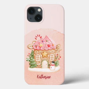 Custom Name Watercolor Peach Gingerbread House iPhone 13 Case