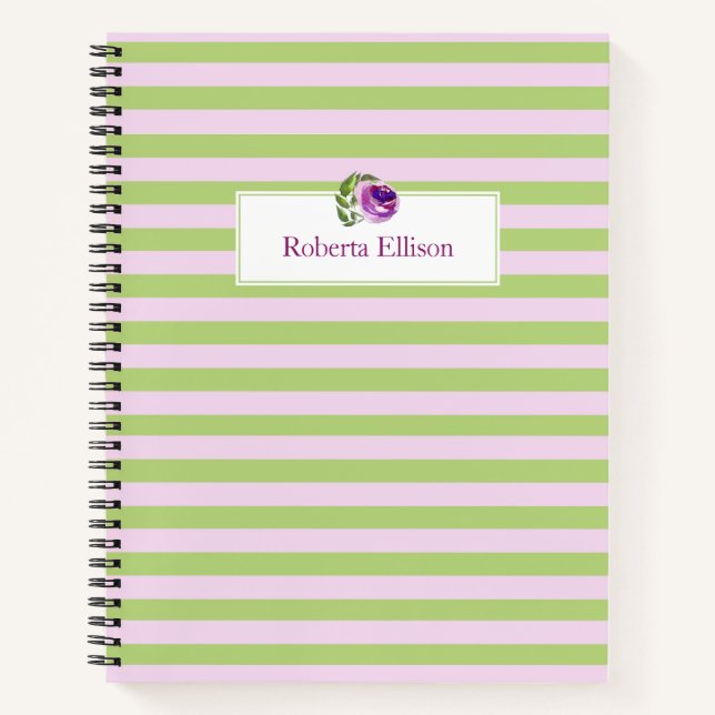 Custom Name Watercolor Rose Stripes Business Notebook (Front)