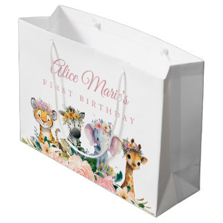 Custom Name Watercolor Safari Animal Birthday Large Gift Bag