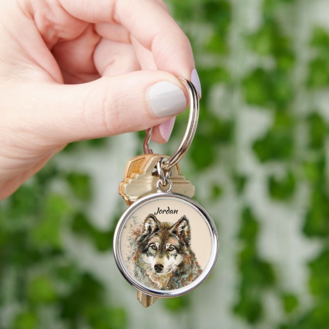 Custom Name Watercolor Wolf Head Key Ring (Hand)