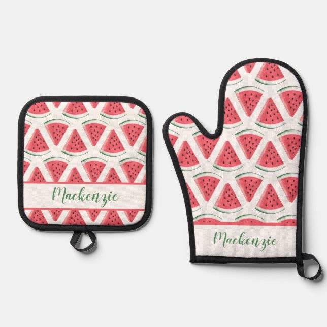 Custom Name Watermelon Slice Summer BBQ Oven Mitt & Pot Holder Set (Front)