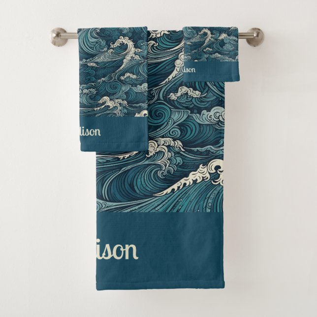Custom Name Waves Pattern Bath Towel Set (Insitu)